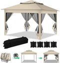 Gartenpavillon 3x3m Wasserdicht UV-beständig, Pavillon mit 4 Seitenteilen, Höhenverstellbar, Stabil Partyzelt mit Sandsäcken & Tragetasche mit Rädern für Garten Party Camping, Beige