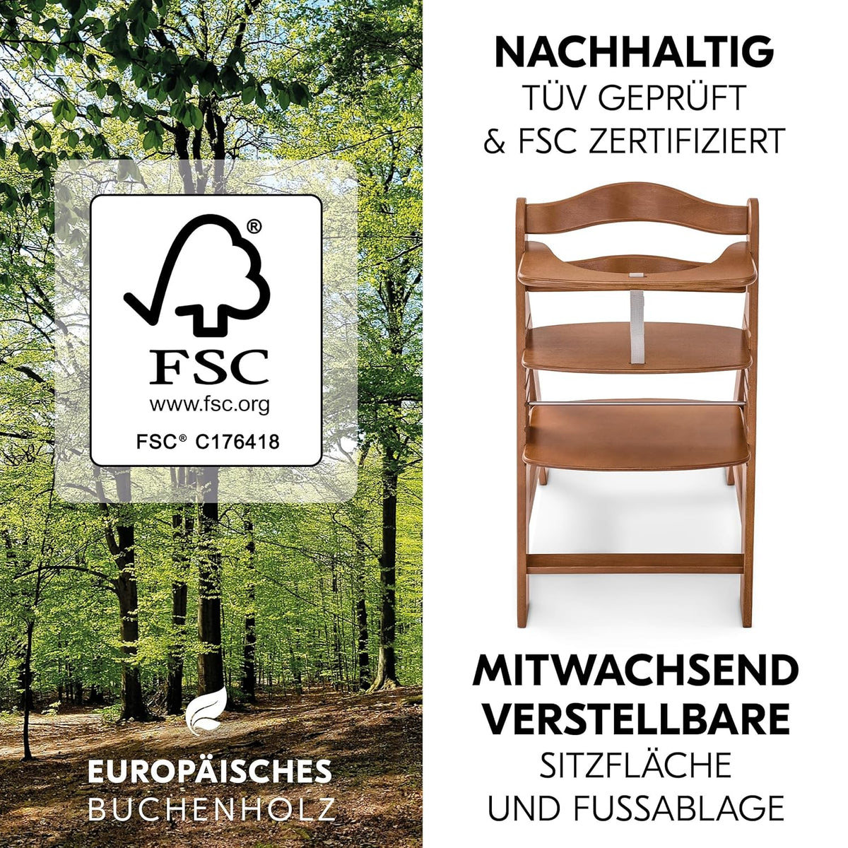 hauck Alpha+ Newborn Set mit Premium Bouncer Dark Grey - Baby Holz Hochstuhl ab Geburt mit Liegefunktion - extra flacher Aufsatz für Neugeborene & Sitzpolster - Walnuss