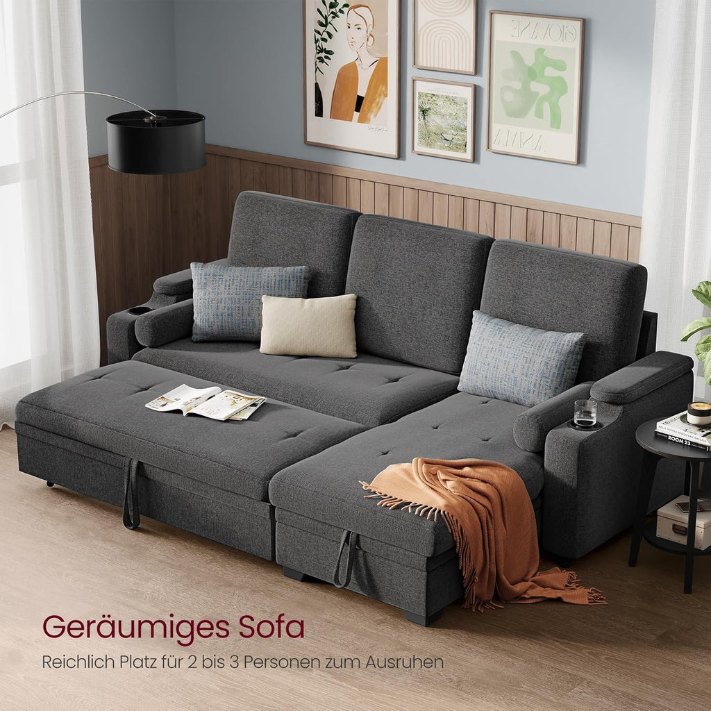 VASAGLE Schlafsofa, Schlafcouch, Bettsofa mit Stauraum, Polstermöbel, Bezug aus Baumwoll-Leinen-Mischgewebe, Becherhalter, modern, Gästezimmer, grau LCS801G01