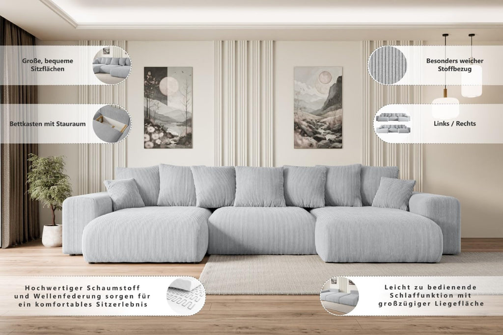 ALTDECOR Ecksofa mit Schlaffunktion und Bettkasten Corner Sofa Eckcouch Couch U-Form universal, Links/rechts angeordnet Schlafcouch Ausziehbar Wohnlandschaft Eskar-U -364x176x84cm Beige