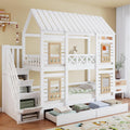 Kinderbett Etagenbett 90 x 200, Hausbett für 2 Kinder, Hochbett mit Lattenrost, Treppe mit 4 Ablagefächern, Rausfallschutz, Zwei Schubladen mit Rollen, Baumhaus Bett mit Fenster und Dach