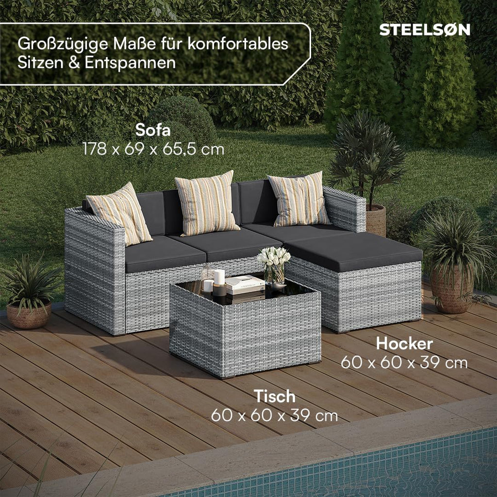 STEELSØN Zethora Rattan Gartenmöbel Set 3-TLG. – Outdoor Sitzgruppe für Garten/Terrasse/Balkon – Gartenlounge mit 3er-Sofa, Hocker & Tisch – Sitzgarnitur Set grau/anthrazit für 4 Personen