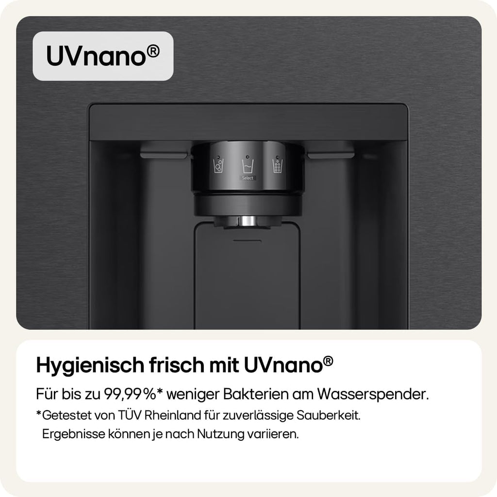 LG GSJC40EPPE Side-by-Side Kühlschrank mit Gefrierfach (641 L, Energieklasse E) mit Door-in-Door, Multi-Airflow, Eis- und Wasserspender, UVNano, Total No Frost, Schwarz