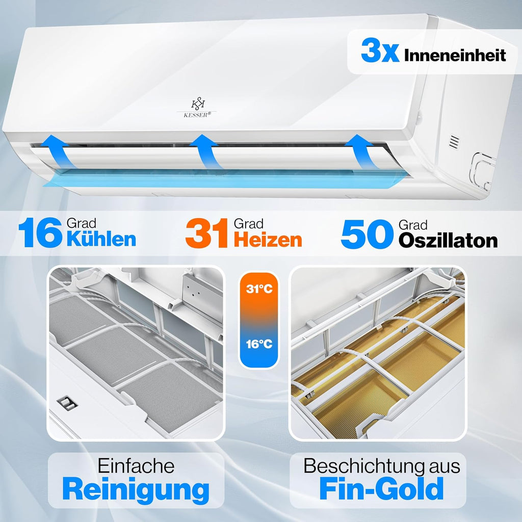 KESSER® Multisplit Klimaanlage 3 Innengeräte, 27000 BTU, Split Klimagerät Set mit WiFi/App, Heizen & Kühlen, Inverter, Eco-Modus, Luftentfeuchter & Ventilator, sehr leise, R32, Montagematerial