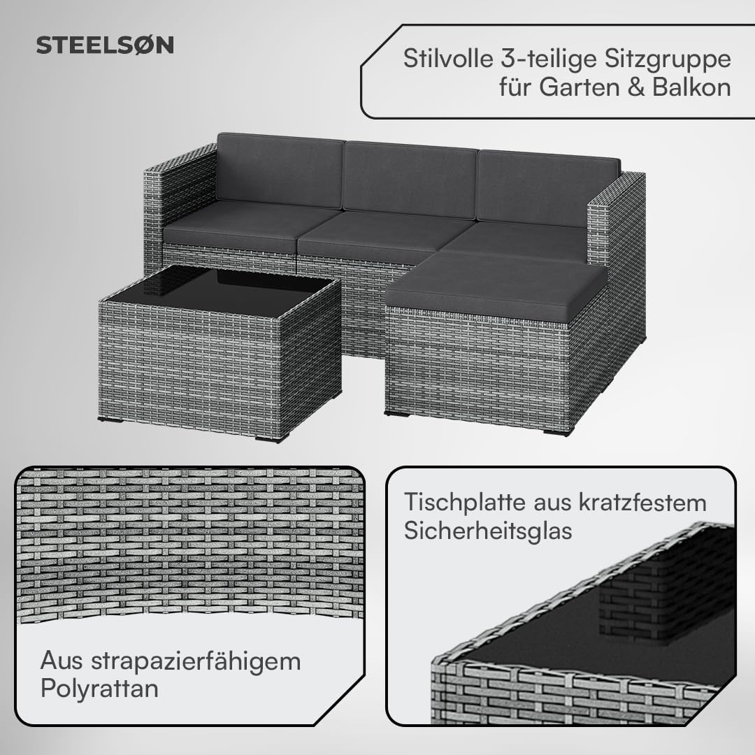 STEELSØN Zethora Rattan Gartenmöbel Set 3-TLG. – Outdoor Sitzgruppe für Garten/Terrasse/Balkon – Gartenlounge mit 3er-Sofa, Hocker & Tisch – Sitzgarnitur Set grau/anthrazit für 4 Personen