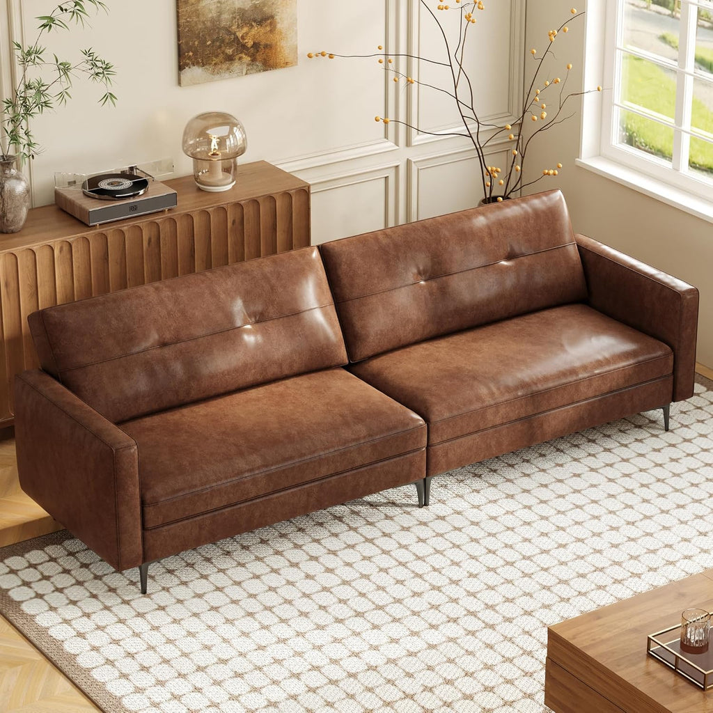 3-Sitzer Sofa in Vintage Lederoptik – Kompaktes Kunstleder Sofa mit Knopfheftung, Metallfüßen & Geraden Armlehnen, Braun – Retro Couch für Wohnzimmer, Büro oder kleine Wohnung (220cm Streifendesign)