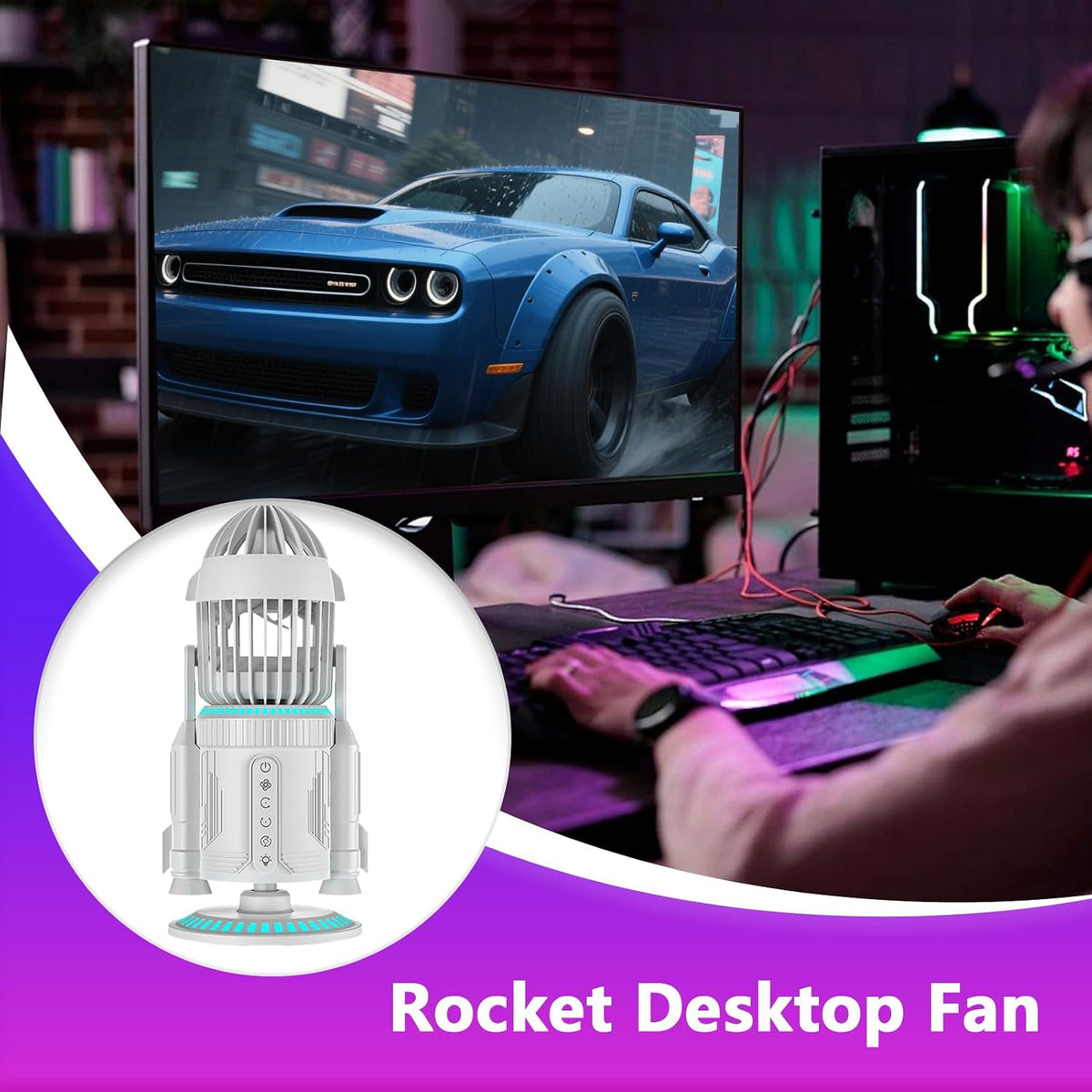 Générique Desk Fan, verstellbarer Tisch Air Circulator, 16 x 14,8 x 32,5 cm | 6,3 x 5,8 x 12,8 Zoll Quiet 5000 U/min Rocket Shape Cooler, integrierte Lichtfunktion für Zuhause, Schule, Schlafzimmer