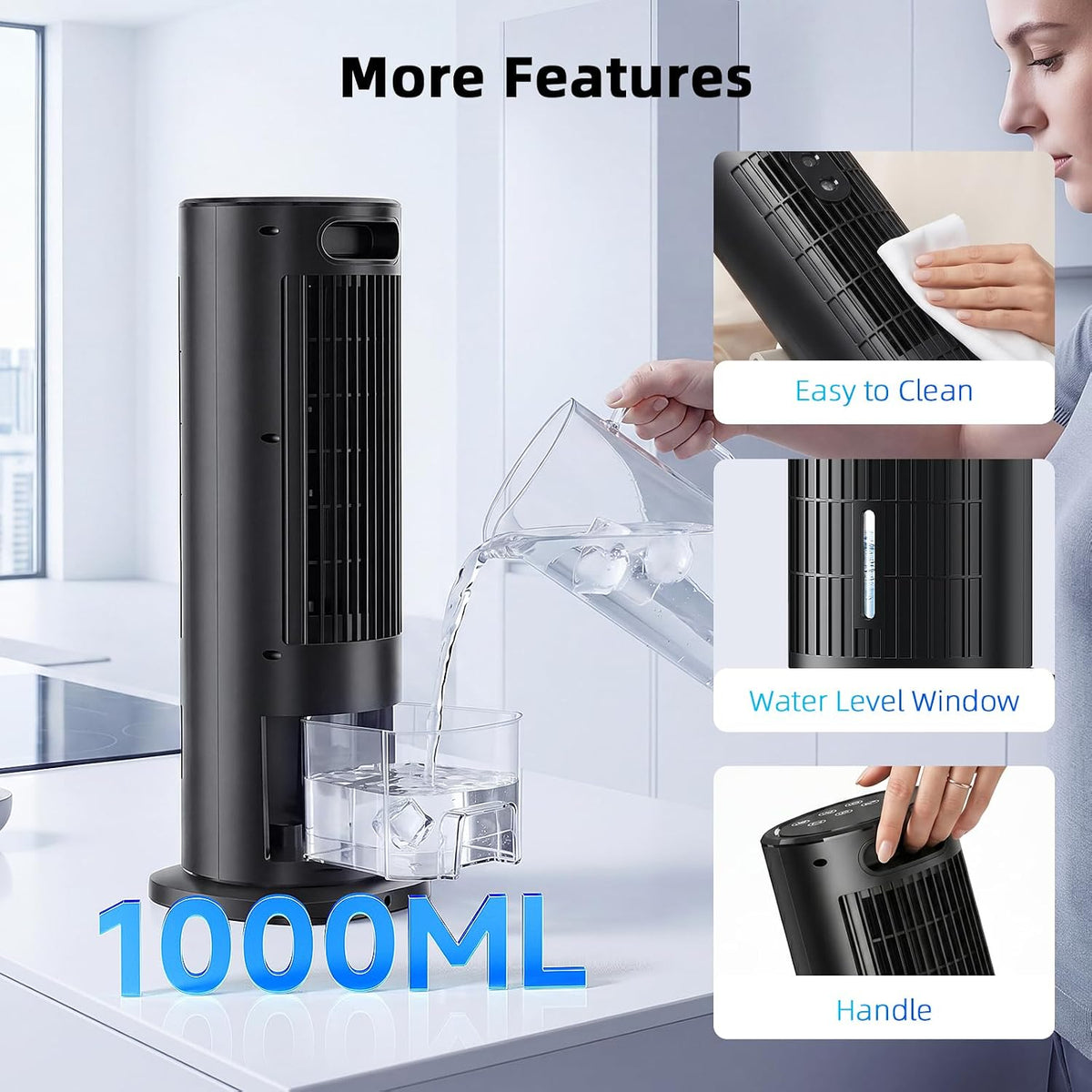 Mobile Klimaanlage mit Wasserkühlung, 4-in-1 Luftkühler Tragbar, Leiser Air Cooler mit 2-10h Timer, 90° Oszillation & 4 Stufen, Mobiles Kühlgerät für Zuhause, Büro und Schlafzimmer