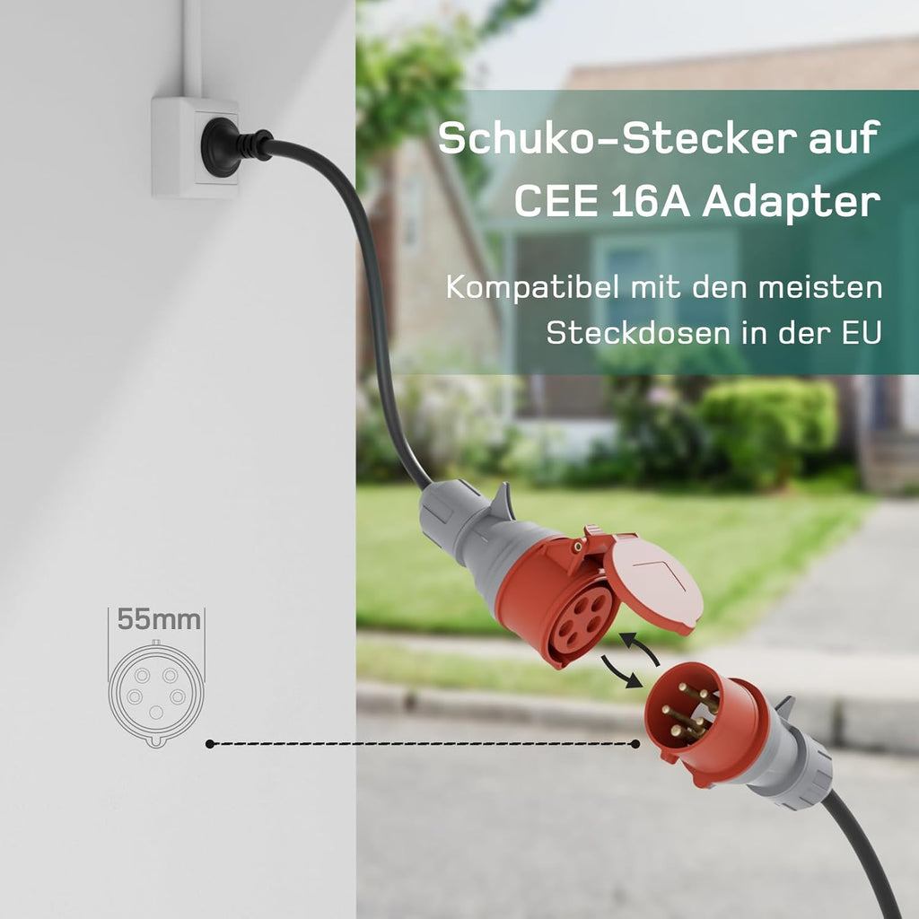 dé Mobile Wallbox 11kW mit APP 7 m | 3-phasig | 6–16 A], mit Traveller Set, CEE-16A 400V auf Typ 2 mit Einstellbarer Ladeleistung, EV-Charger für ID.3/4/5/7, IX1, Model 3/Y und andere BEV/PHEV