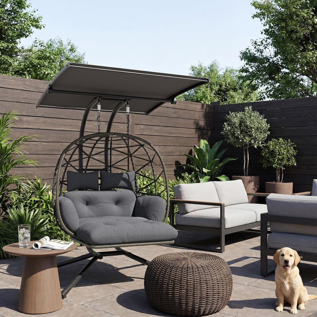 UDPATIO Hängesessel Outdoor mit Gestell, Hängeschaukel mit Sonnendach & Fußablage, Hängestuhl bis 280KG für 2 Personen, Verstellbare Kuppel & Dicke Kissen, Schaukel Sessel Garten, Balkon, Grau