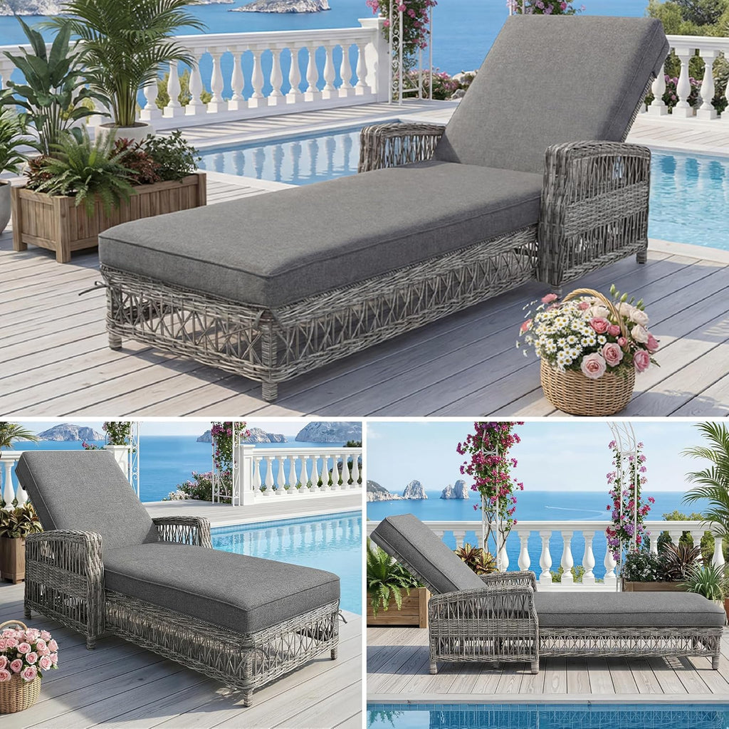 Ball & Cast Gartenliege 2 Personen aus Rattan, Liege mit 4-Fach Verstellbarer Rückenlehne und Bequemer Auflage, 2er Set, 192 x 70 x 83 cm, Grau
