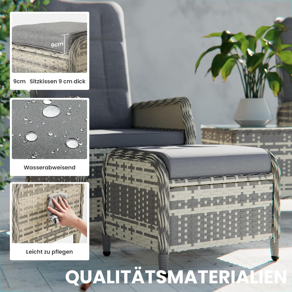 Gotland Rattan Gartenmöbel Set Lounge Möbel Outdoor, Verstellbares 2-Sitzer Terrassenmöbel Außen mit 118° Rückenlehne & Fußhocker, Hochwertige Polster & Glastisch, Wetterfest (Grau)