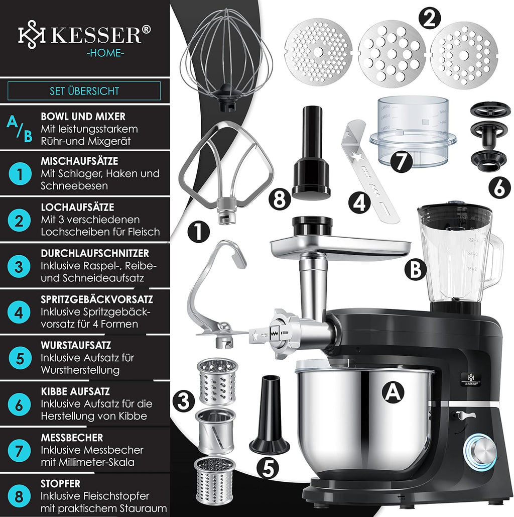 KESSER® 3 in 1 Universal Küchenmaschine K-KM 3000 mit Fleischwolf Knetmaschine Multifunktionale Rührmaschine 5,5L Schüssel mit 3 Rührwerkzeuge, 1,5L Entsafter, Zubehör-Set, Pasta & Gebäckformen