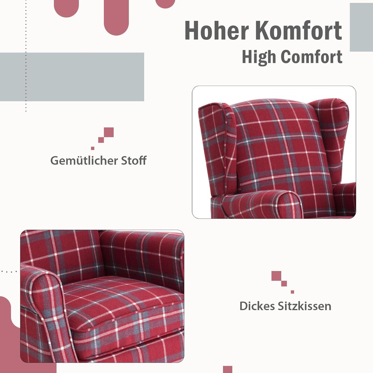 Ohrensessel, Vintage Sessel mit Holzfüße, gepolsterte Relaxsessel, Einzelsessel für Wohnzimmer, Schlafzimmer, Leinen (Rot)