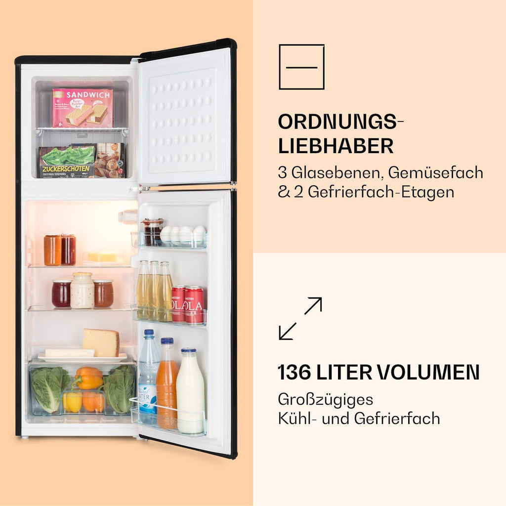 Klarstein Audrey Retro – Retro-Kühl-/Gefrierkombination, Kühl- und Gefrierschrank, Kühlschrank, stufenlos einstellbare Kühlleistung, Innenbeleuchtung, 41 dB Betriebsgeräusch, Schwarz