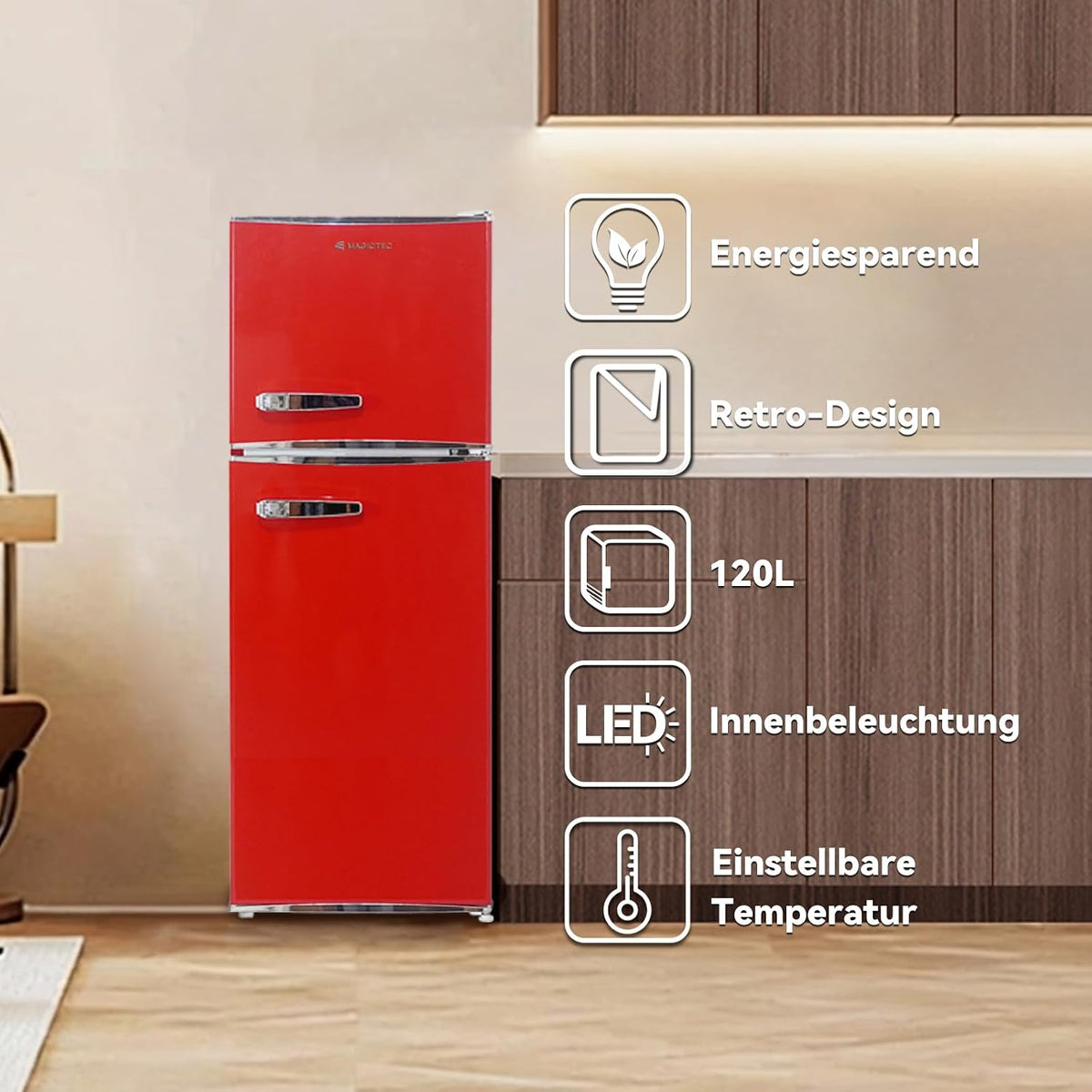 magictec Retro Kühlschrank mit Gefrierfach | 120L(88L/32L) | Low Frost | Kühl Gefrier Kombination | Vintage Design | LED Beleuchtung | Rot