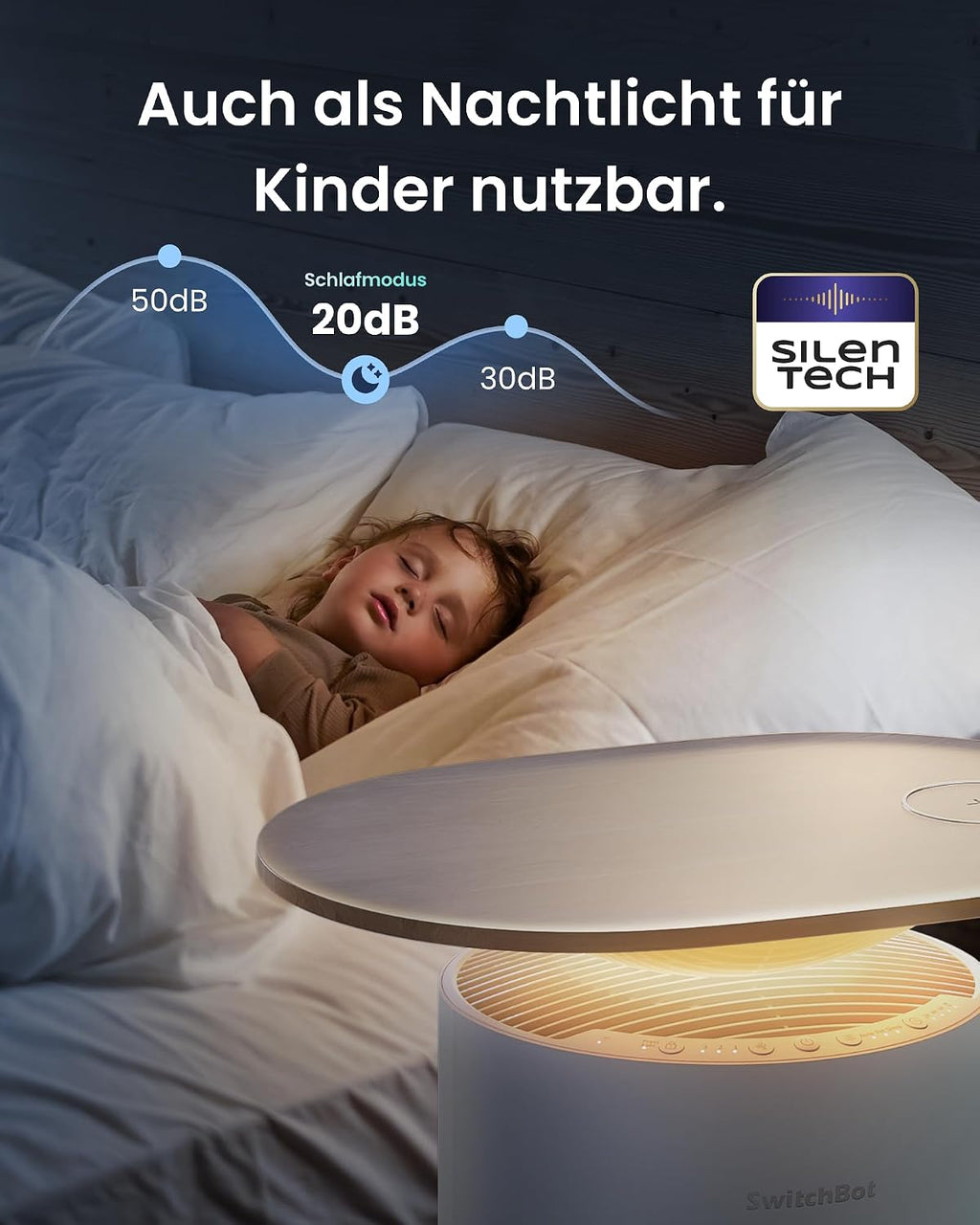 SwitchBot Luftreiniger mit App-Steuerung und Nachtlicht, CADR 400m³/h bis zu 83㎡ Zimmer, HEPA-Filter entfernt 99,97% Schimmel Staub Pollen