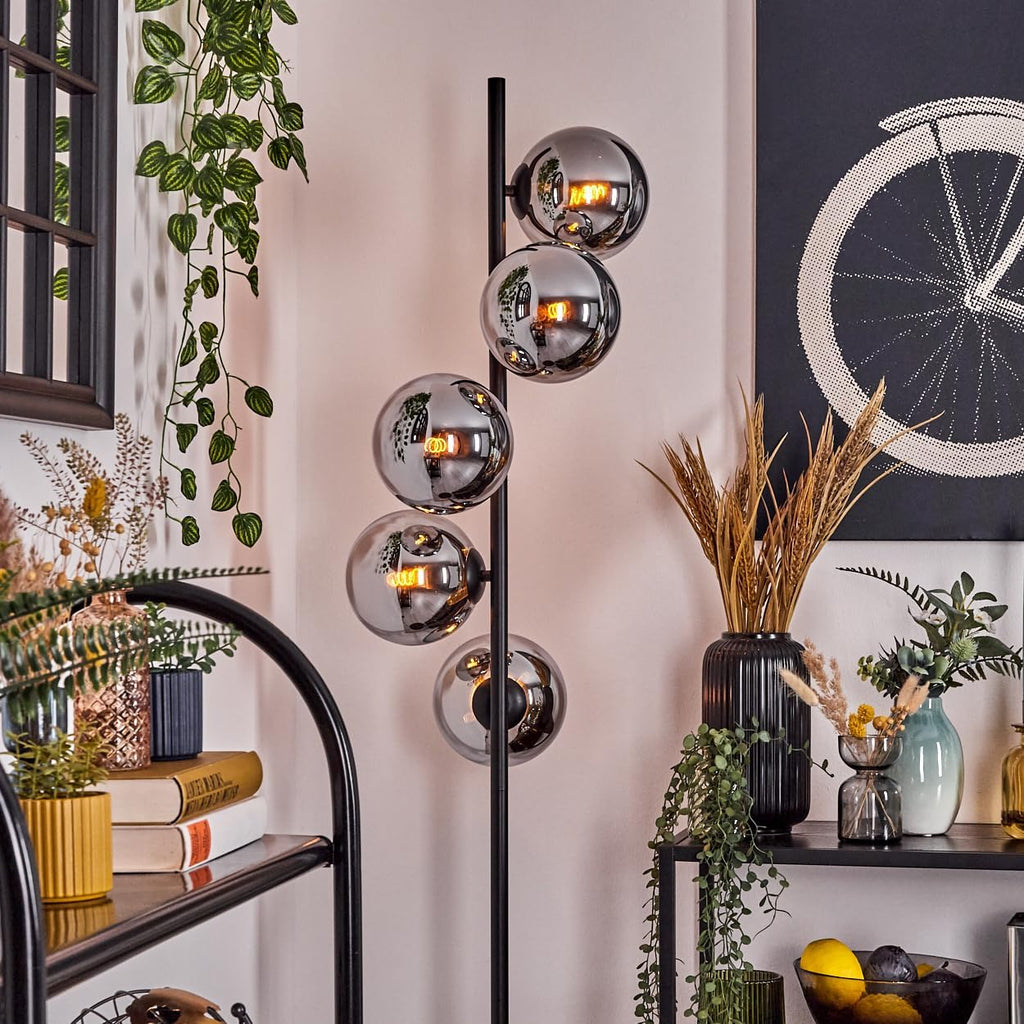 HOFSTEIN Stehleuchte Gastor, Stehlampe aus Metall/Glas in Schwarz/Chrom/Rauch, Leuchte im Retro/Vintage-Design mit Glasschirmen (Ø 15 cm) u. Fußschalter, 160 cm, E14, Wohnzimmer, Schlafzimmer, Büro