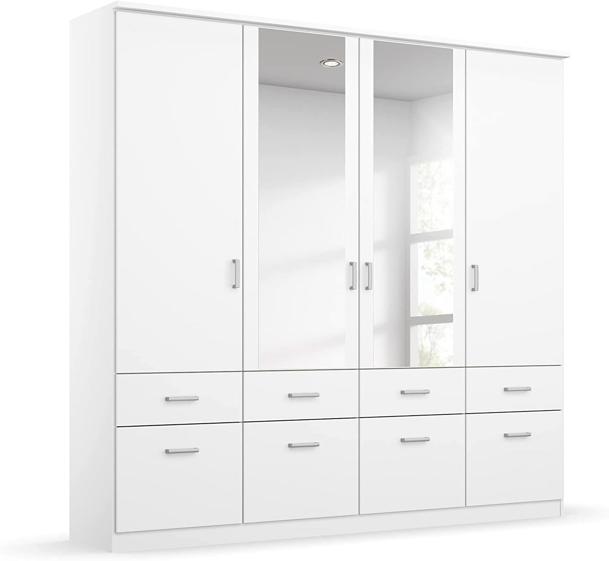 Rauch Möbel Bremen Schrank Drehtürenschrank Kleiderschrank in Weiß mit 2 Spiegeln und 8 Schubladen 4-türig, inklusive Zubehörpaket Basic 1 Kleiderstange, 4 Einlegeböden BxHxT 181x199x58 cm