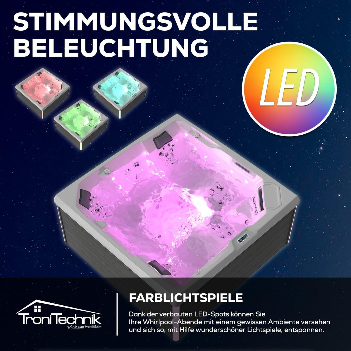 Tronitechnik® Outdoor Whirlpool Spa PANAREA außen Badewanne weiß 210cm x 210cm mit Heizung, Hydromassage und Farblichtherapie
