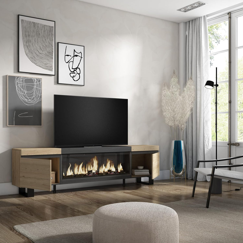 Skraut Home | TV-Schrank, Lowboard | für Wohnzimmer und Esszimmer | 210 | Für TV-Geräte bis zu 80" | Elektrokamin XXL | Industriedesign | Moderner Stil | Eiche Schwarz