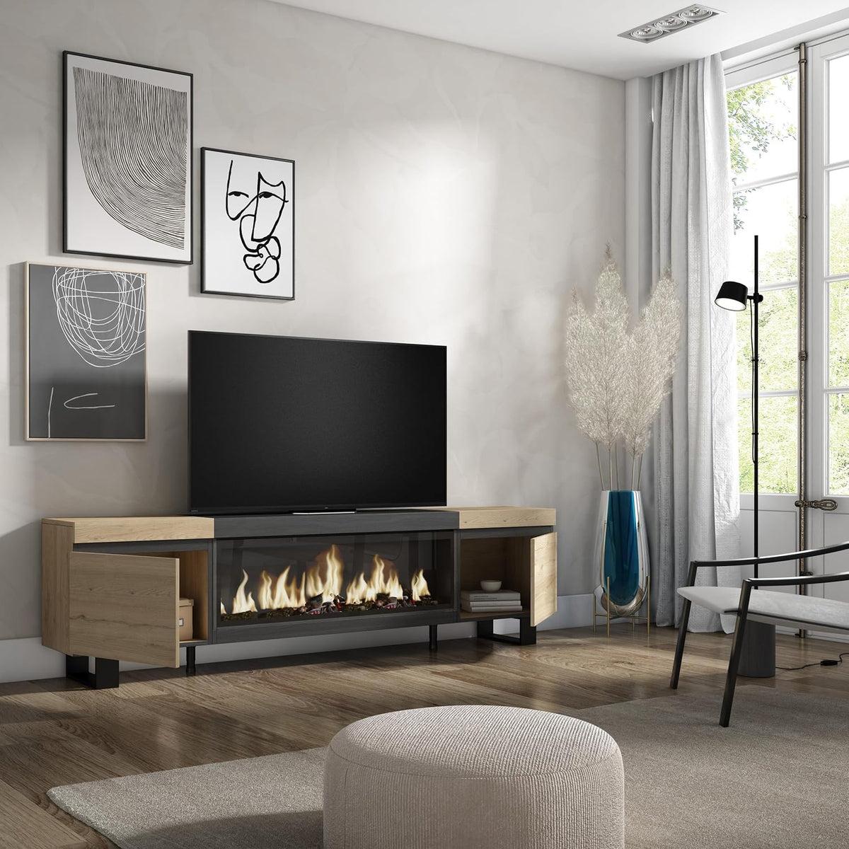 Skraut Home | TV-Schrank, Lowboard | für Wohnzimmer und Esszimmer | 210 | Für TV-Geräte bis zu 80" | Elektrokamin XXL | Industriedesign | Moderner Stil | Eiche Schwarz