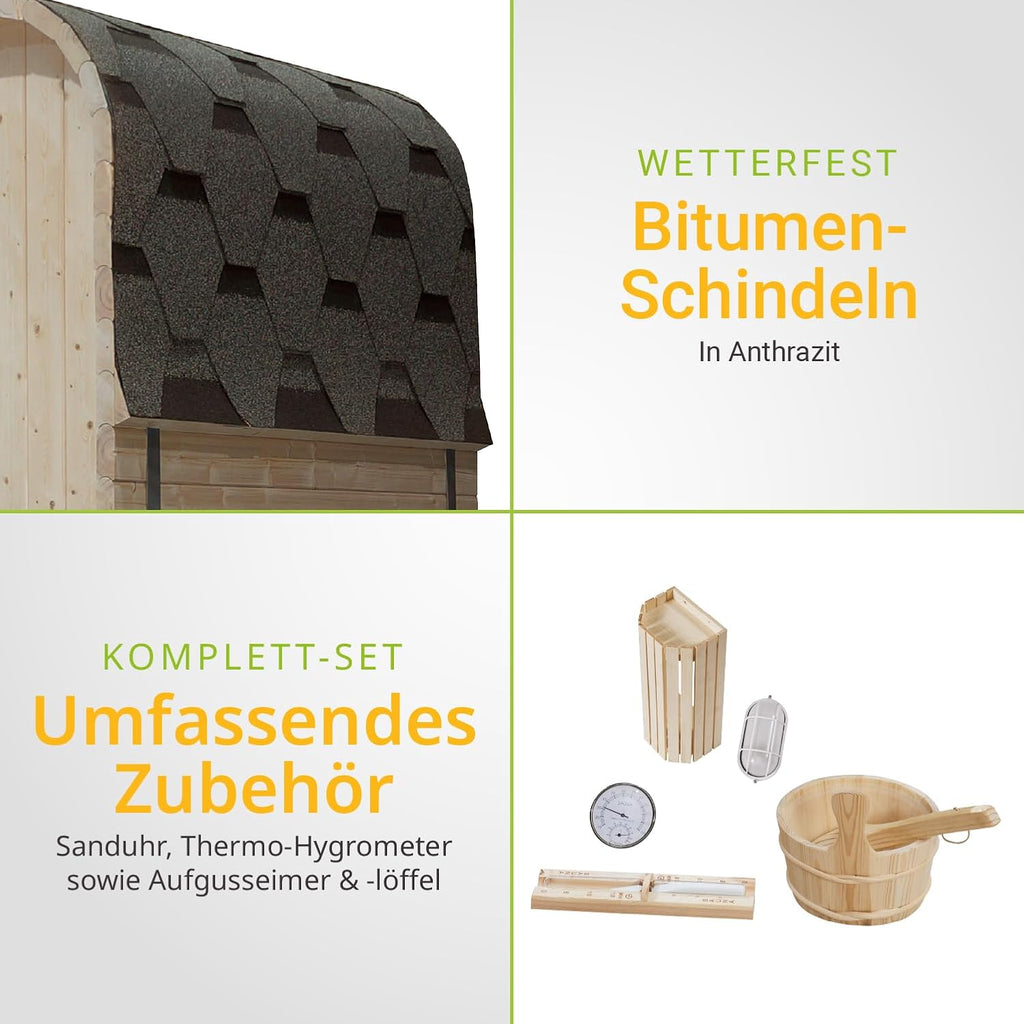 Artsauna Fasssauna Nolvik M, Outdoor-Sauna aus Fichtenholz, 3,6 kW Ofen, LED, Komplettset mit Sanduhr, Eimer & Thermometer, Winterfest, Cube Design