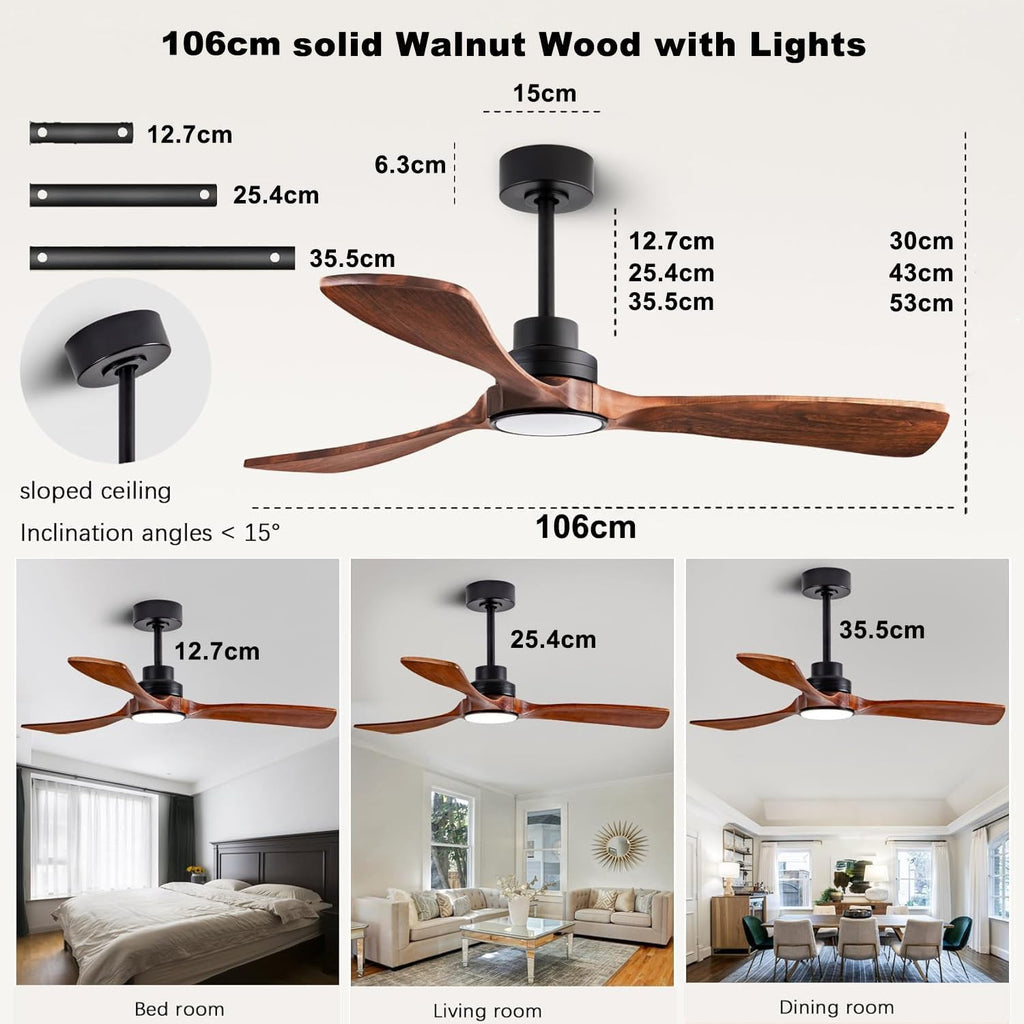 106cm Deckenventilator mit Beleuchtung und Fernbedienung, 3 Holz Flügeln, 18W LED-Licht mit Dimmfunktion (3000K, 4500K, 6500K) Leise DC Motor, 6 Geschwindigkeiten, Timer, Für Schlafzimmer Wohnzimmer