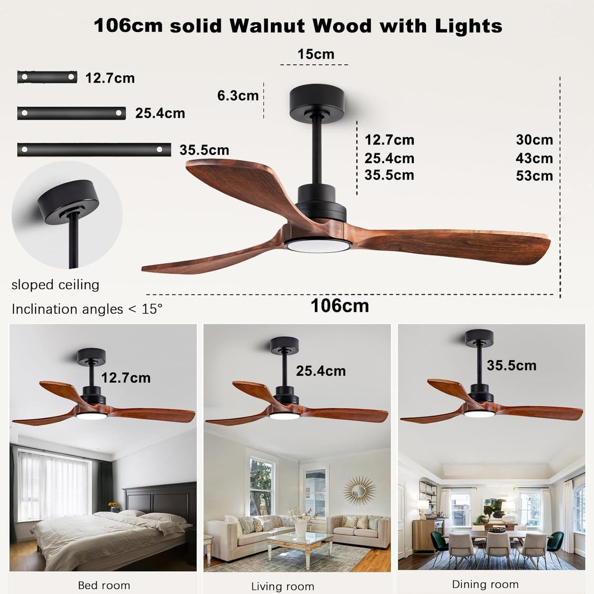 106cm Deckenventilator mit Beleuchtung und Fernbedienung, 3 Holz Flügeln, 18W LED-Licht mit Dimmfunktion (3000K, 4500K, 6500K) Leise DC Motor, 6 Geschwindigkeiten, Timer, Für Schlafzimmer Wohnzimmer