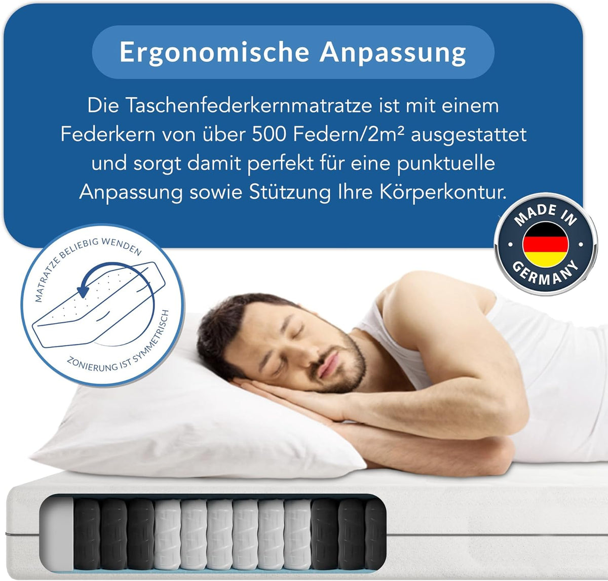 BMM Matratze 140x200 cm Ortho Medic Taschenfederkernmatratze Härtegrad H2/Öko-Tex Zertifiziert/ergonomische 7 Zonen Matratze Höhe 21 cm/Matratzen produziert in Deutschland
