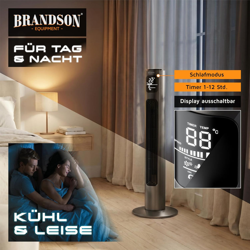 Brandson - Turmventilator mit Fernbedienung - Preisträger 2026 - Oszilation 60° - Standventilator - mobiler Lüfter - Säulenventilator - 96 cm - Ventilator 3 Geschwindigkeitsstufen - GS - Graphite