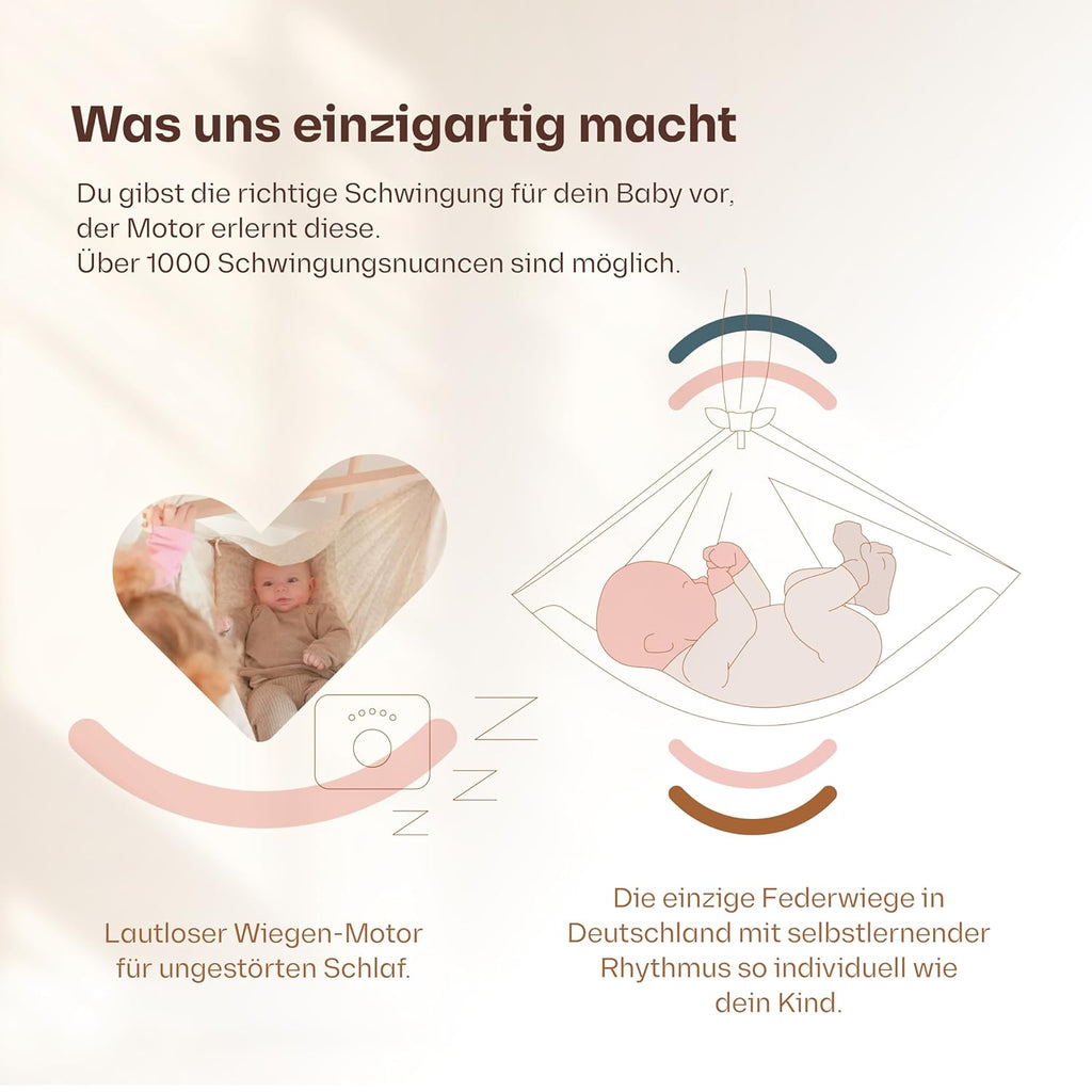 Lottili Federwiegen Motor | lautlos & selbstlernend | mit Timer & Dauermodus | fein einstellbare Schwingung | ab 3 kg | Made in Germany
