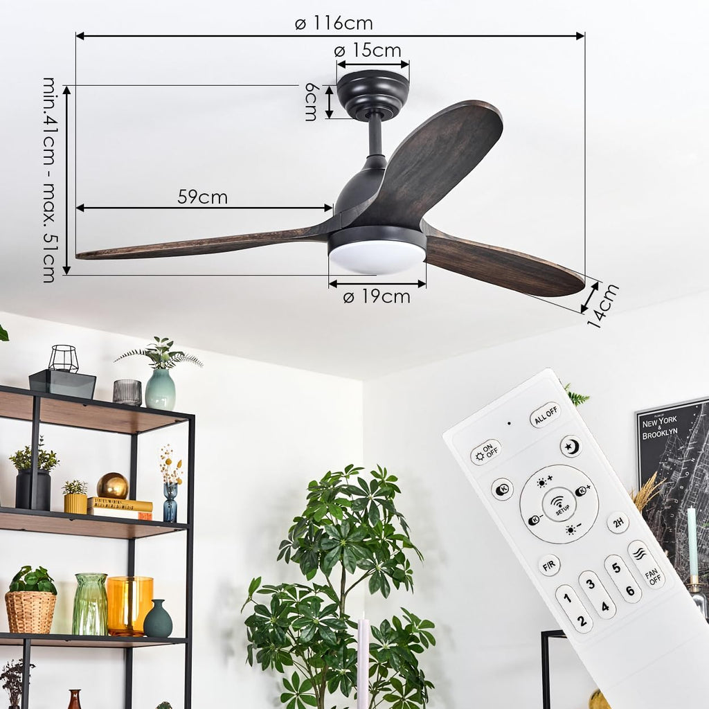 LED Deckenventilator Mosstena, dimmbare Deckenlampe mit Ventilator aus Metall/Holz in Schwarz/Mahagoni/Holz dunkel/Weiß, Auf-/Abwind, 6 Stufen, CCT, Fernbedienung, Wohnzimmer, Schlafzimmer, Büro