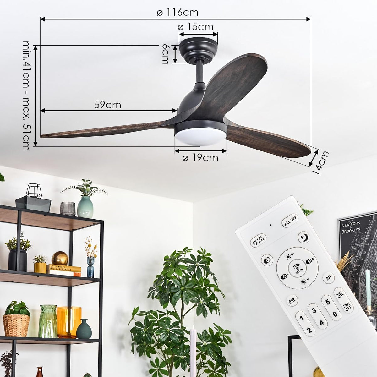 LED Deckenventilator Mosstena, dimmbare Deckenlampe mit Ventilator aus Metall/Holz in Schwarz/Mahagoni/Holz dunkel/Weiß, Auf-/Abwind, 6 Stufen, CCT, Fernbedienung, Wohnzimmer, Schlafzimmer, Büro