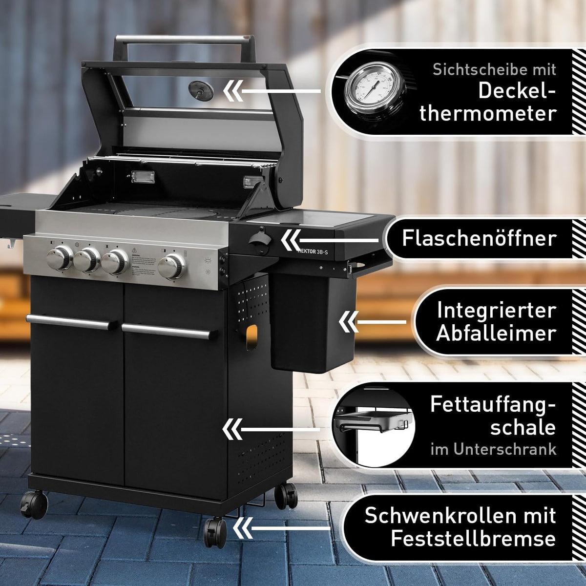 Gasgrill Hektor 3B-S Edelstahl Gasgrillstation 3 Brenner, Infrarot Sear-Brenner, Gusseisen-Grillrost, Seitenkocher und Kochplatte Inkl. Abdeckhaube für Garten, Terrasse