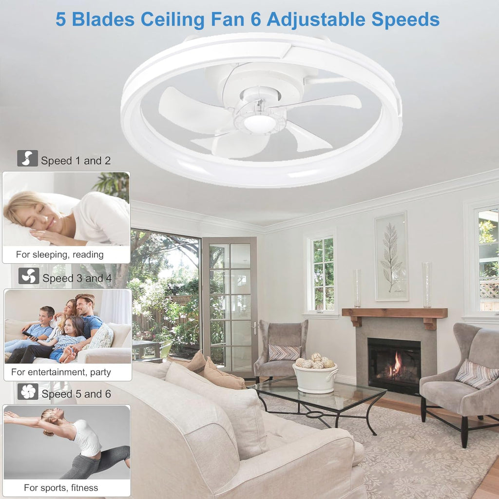 LED Deckenventilator mit Beleuchtung und Fernbedienung, Leise, 64W APP Dimmbare Deckenleuchte mit Ventilator, Umkehrbare 6-Speed Lampe mit Ventilator, 5 Lüfterflügel, Timer, (Weiß)