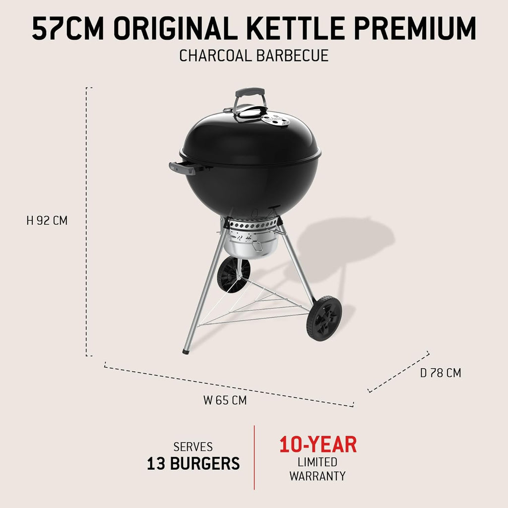 Weber Original Kettle Premium Holzkohlegrill/Porzellanemaillierter Deckel und Kessel, 57 cm Grillfläche, One-Touch-Reinigungssystem, Deckelthermometer, Dreibein-Ständer und Räder, Schwarz