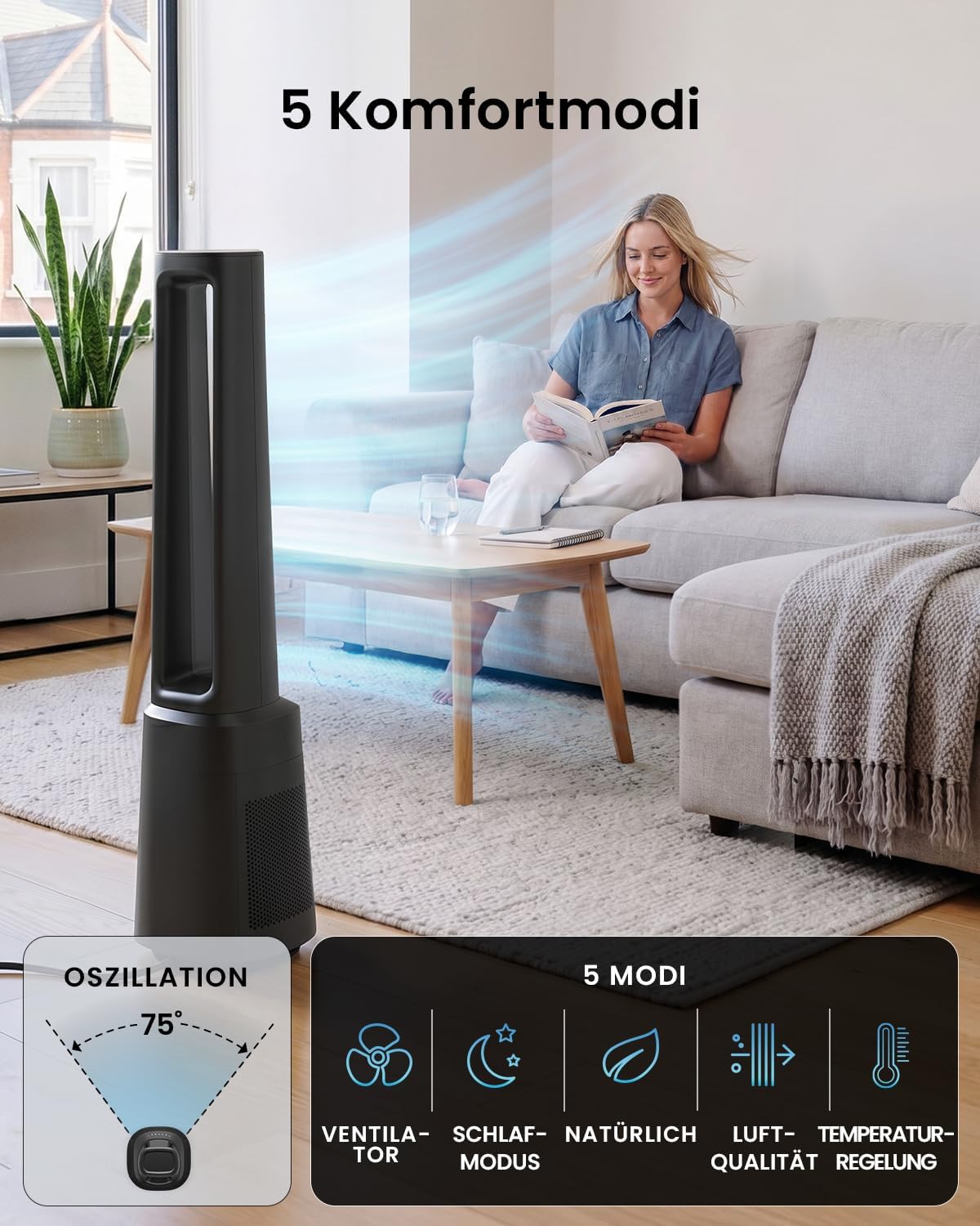 Pro Breeze OmniAir 105cm rotorloser Ventilator mit Luftreiniger - Smart Home Ventilator, WLAN, App, HEPA 13 Filter, 10 Geschwindigkeiten - Turmventilator sehr leise, 5 Modi, Auto 75° Oszillation