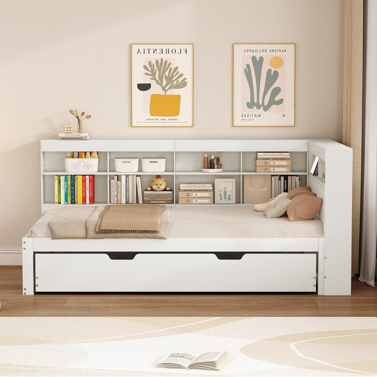Plattformbett mit Ausziehbett 90x200cm(90x190cm), Ausziehbares Schlafsofa Tagesbett mit Bücherregal & USB Ladefunktion, Multifunktionsbett Gästebett Daybett Kinderbett Jugendbett, Ohne Matratze, Weiß
