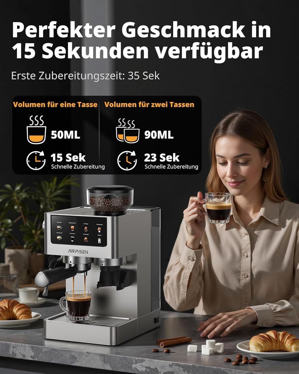 AIRMSEN 20 Bar Siebträgermaschine mit Kegelmahlwerk & Milchschäumer, 1.8L Wassertank, Edelstahl Espressomaschine Kaffeemaschine für Americano, Cappuccino und Latte