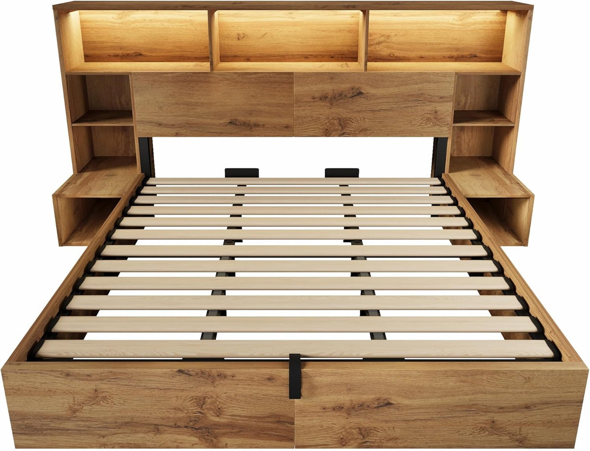 ANIROY Doppelbett Holzbett 180x200cm, Hydraulisches Stauraumbett mit Kopfteil, Stauraum-Kopfteil mit LED & USB-C-Anschluss, Systembett Bettgestell mit Lattenrost, ohne Matratze, Eiche