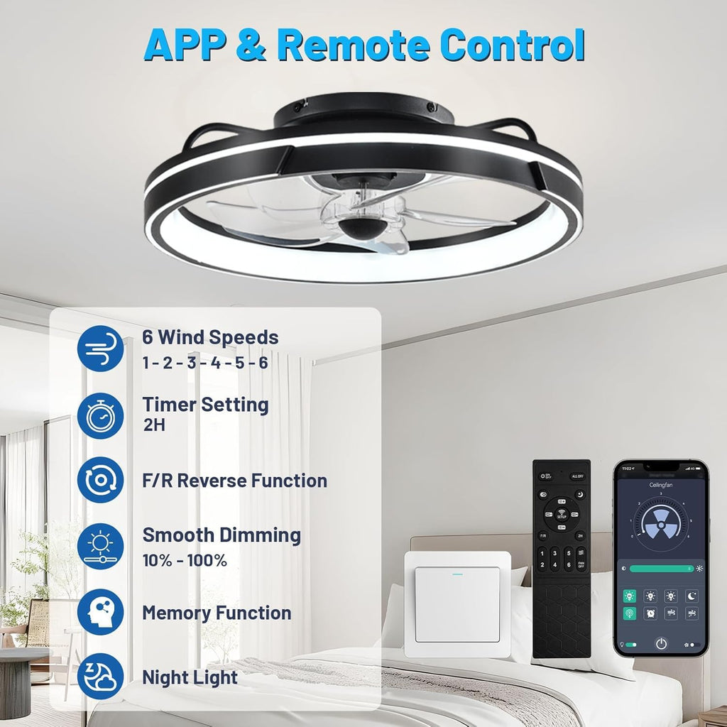 Leise Deckenventilator mit Beleuchtung, Dimmbar 64W LED Deckenleuchte mit Ventilator, Fernbedienung und APP, Timer, 6-Gang, 50cm Moderne Lampe mit Ventilator für Wohnzimmer Schlafzimmer Schwarz