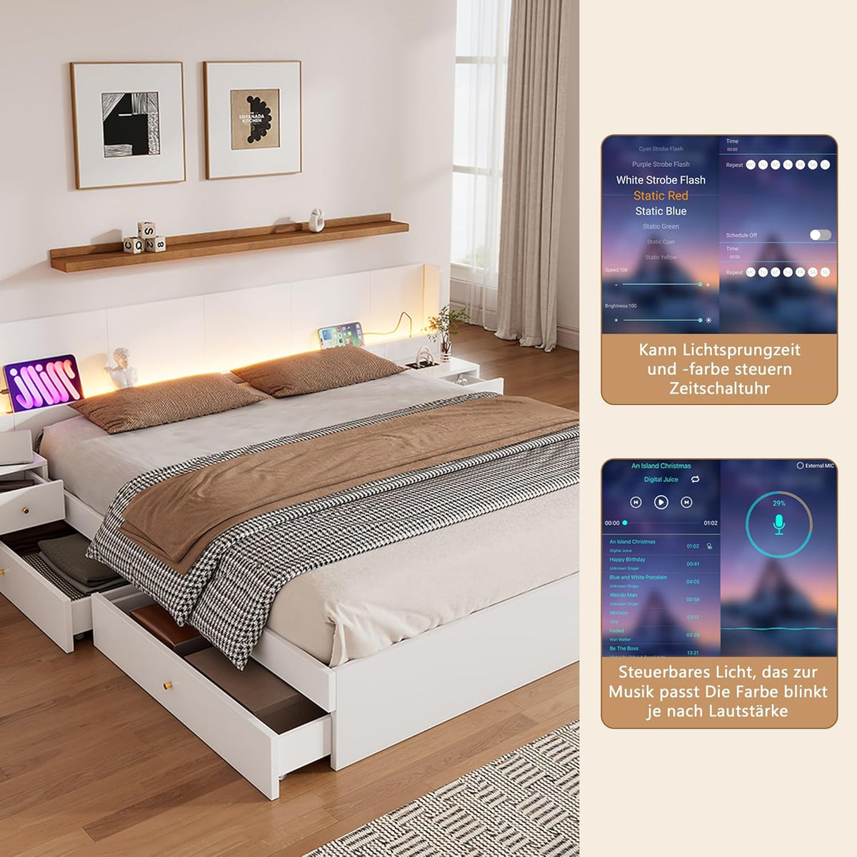 Doppelbett Bett 180x200 mit Stauraum 2 Schubladen, Extrabreiter LED-Kopfteil mit 2 Nachttischen & USB-Buchse, Holzbett Stauraumbett Bettgestell mit Lattenrost, Jugendbett, Ohne Matratze, Weiß