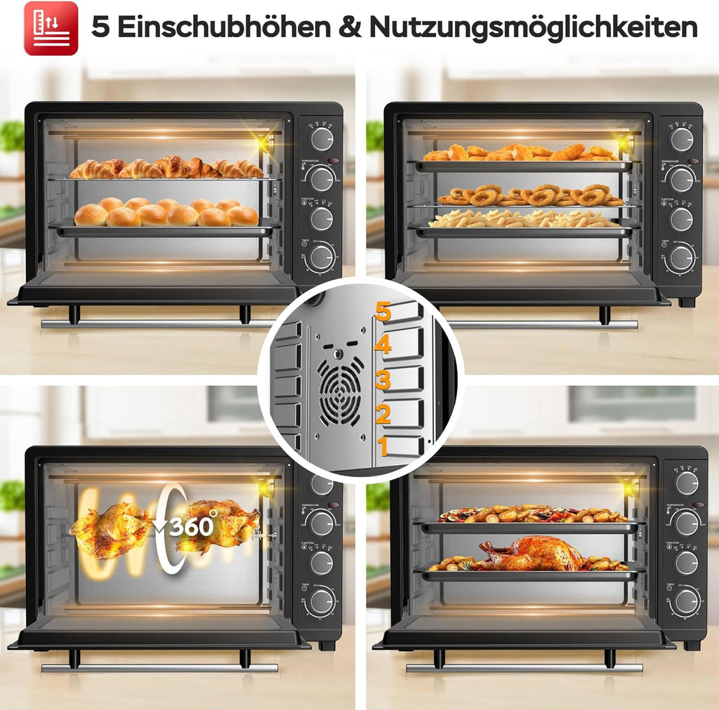 TurboTronic Minibackofen mit Umluft 45L schwarz 2000W, Drehspieß, Timer, Mini Backofen, Pizzaofen, 2 Backbleche, Grill