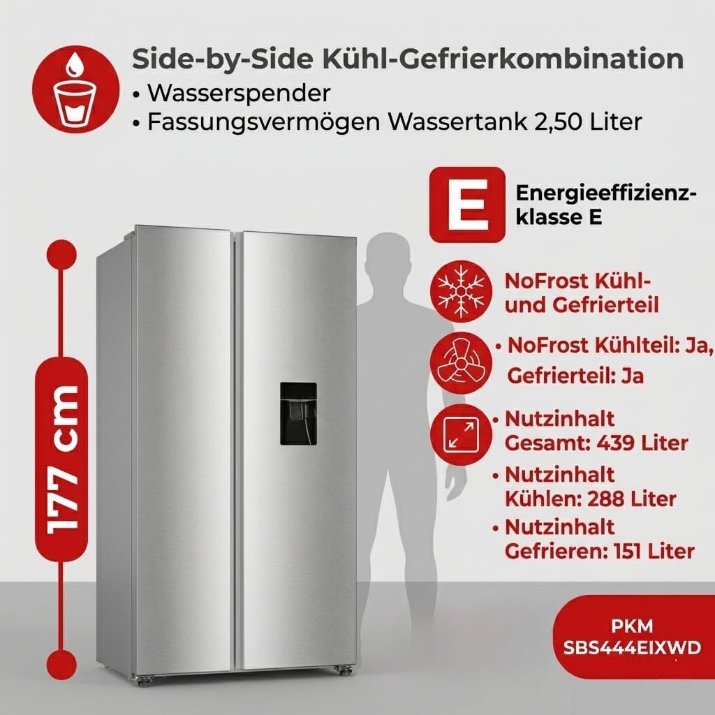 PKM SBS444EIXWD, Side by Side Kühl-Gefrierkombination, 439 L, 2-türig mit Wasserspender, Inox Design