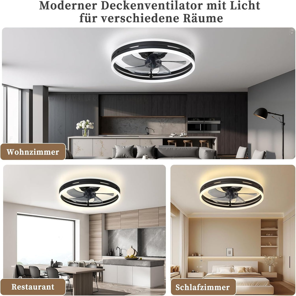 Leise Deckenventilator Mit Beleuchtung 50W Dimmbare Deckenleuchte Mit Fernbedienung Und APP 6 Geschwindigkeiten Lampe Mit Ventilator Timer Schlafzimmer Wohnzimmer Licht Schwarz,40cm