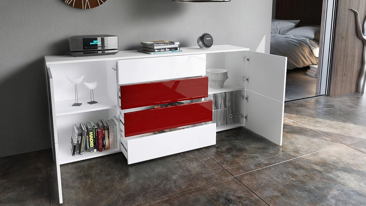 Vladon Sideboard Rova, Made in Germany, Kommode mit 4 Türen und 4 Schubladen, Weiß matt/Weiß Hochglanz/Beton Oxid Optik (166 x 72 x 35 cm)