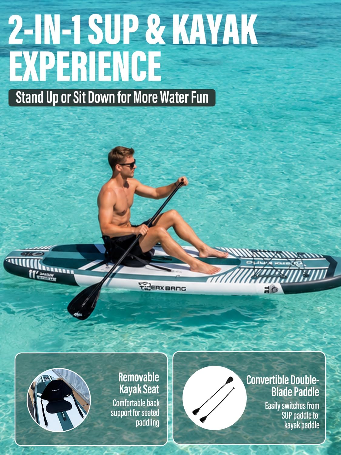 TIGERXBANG Aufblasbares Stand-Up-Paddle-Board mit Zubehör 335 × 86 × 15 cm, SUP Board für Erwachsene, Kollektion Shadow