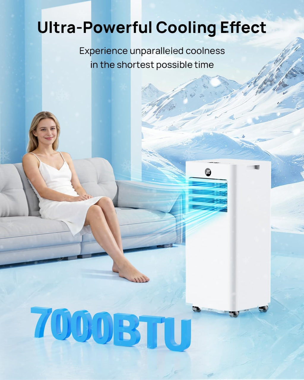 Klimaanlage Mobil 7000 BTU, Mobiles Klimagerät mit Abluftschlauch, Kühl-/Ventilations-/ Entfeuchtungs-/Schlafmodus 4-in-1, Digitalanzeige & Fernbedienung, 24H Timer, 360° Rollen, Inklusive Fensterset