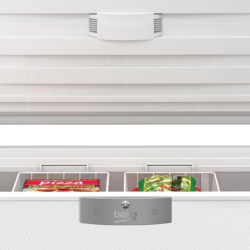 Beko HSM22340 Gefriertruhe, Kühltruhe, 230 l Nutzvolumen, 2 Gefriergutkörbe, Temperaturalarm, abschließbar, LED-Anzeigesystem, Innenbeleuchtung, 35 db(A), Transportrollen, Weiß